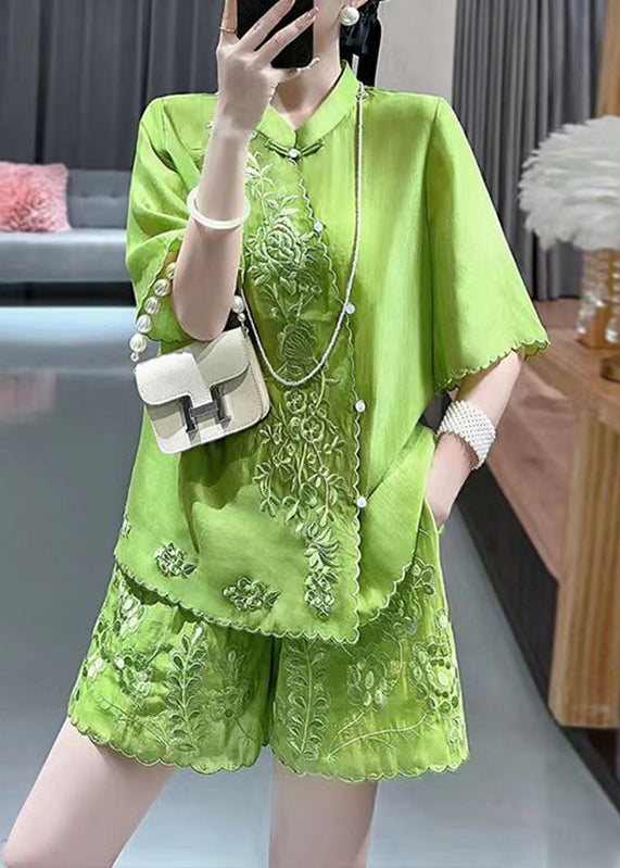 Chinese Style Green Stand Collar Embroidered Shirts and Shorts Two Piece Set Short Sleeve