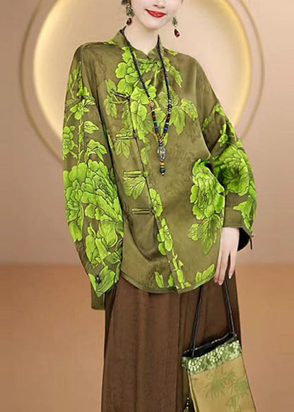 Chinese Style Green Stand Collar Jacquard Silk Shirt Top Fall