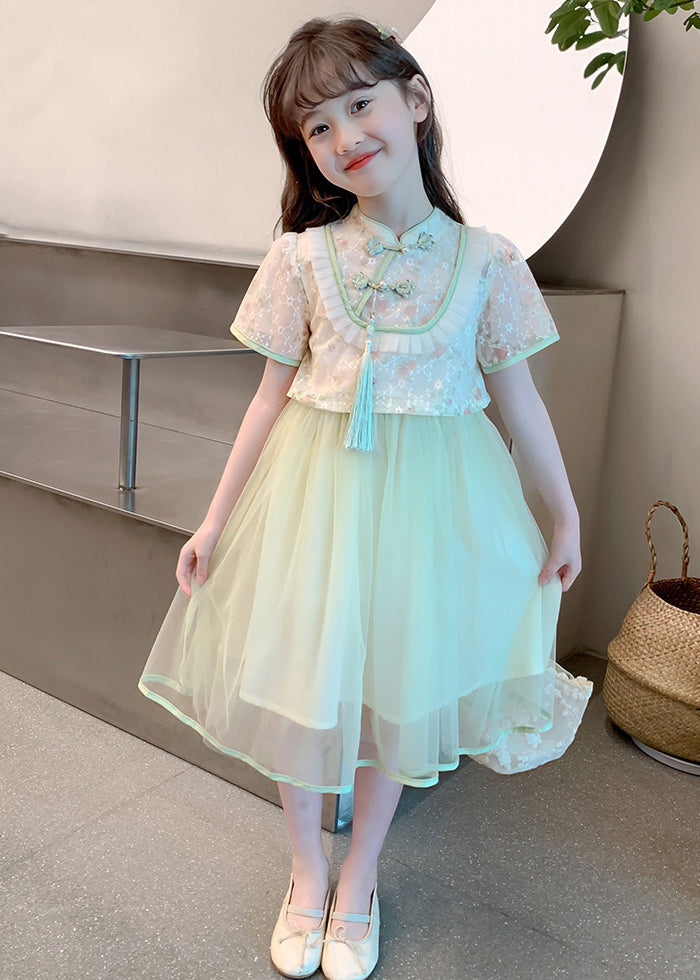 Chinese Style Green Stand Collar Tassel Fake Two Pieces Tulle Maxi Dresses Summer