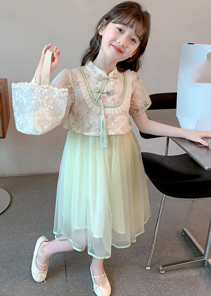 Chinese Style Green Stand Collar Tassel Fake Two Pieces Tulle Maxi Dresses Summer
