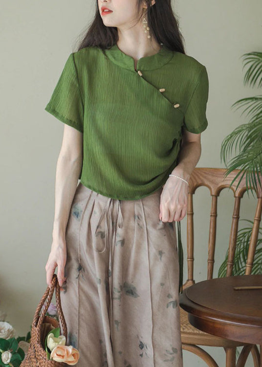 Chinese Style Green Stand Collar Tops and Pants Cotton Two Pieces Set Summer