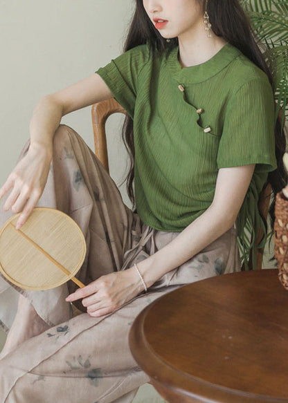 Chinese Style Green Stand Collar Tops and Pants Cotton Two Pieces Set Summer