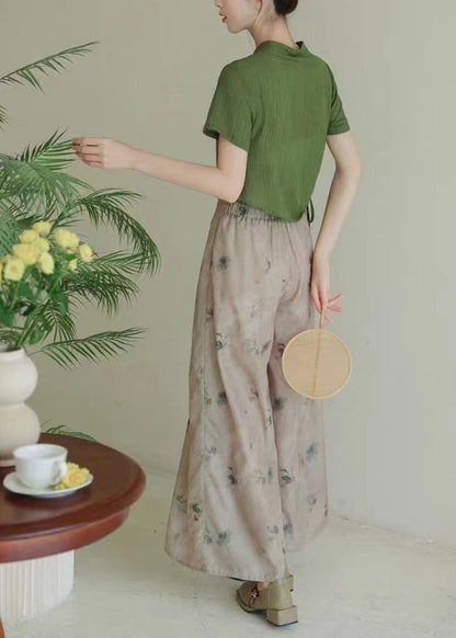 Chinese Style Green Stand Collar Tops and Pants Cotton Two Pieces Set Summer