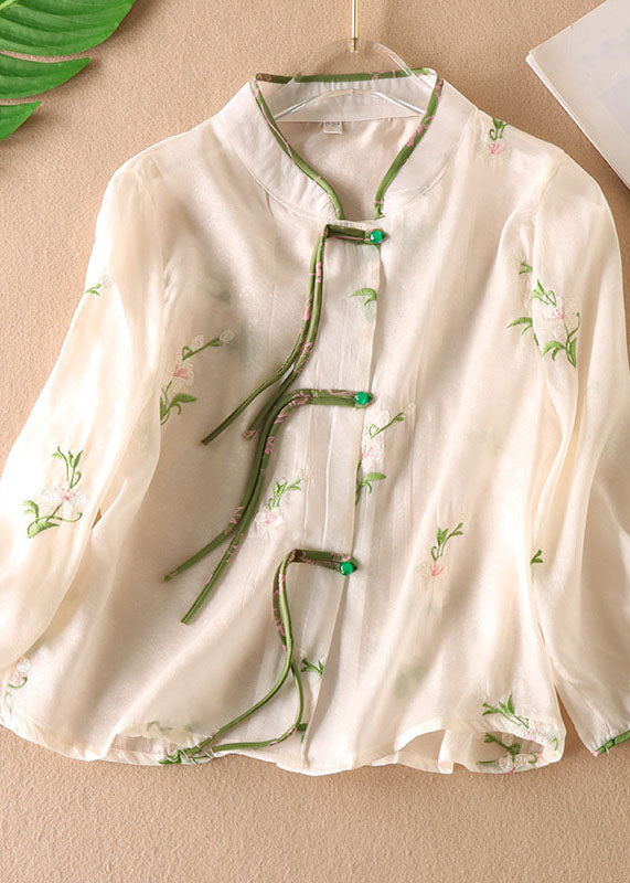 Chinese Style Green Tasseled Embroideried Patchwork Tulle Shirt Top Long Sleeve