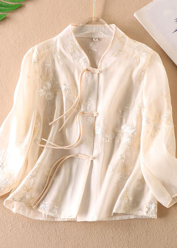 Chinese Style Green Tasseled Embroideried Patchwork Tulle Shirt Top Long Sleeve