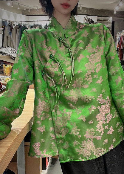 Chinese Style Green Button Stand Collar Jacquard Silk Coats Spring
