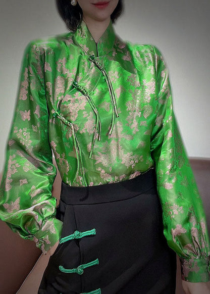 Chinese Style Green Button Stand Collar Jacquard Silk Coats Spring