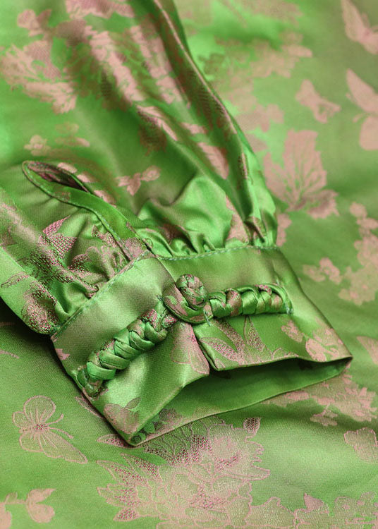Chinese Style Green Button Stand Collar Jacquard Silk Coats Spring