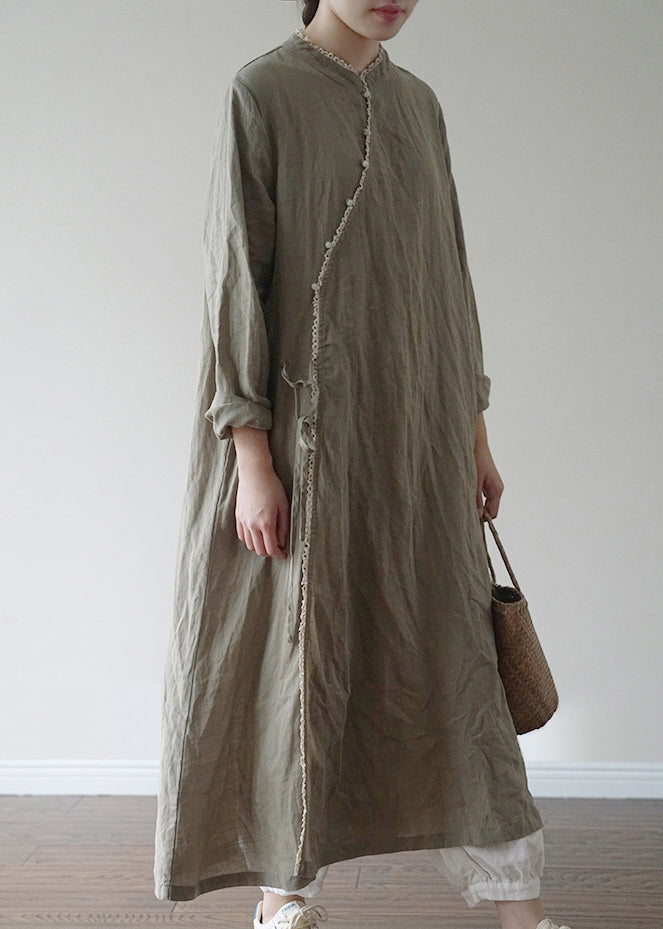 Chinese Style Green Tie Waist Linen Long Dresses Long Sleeve