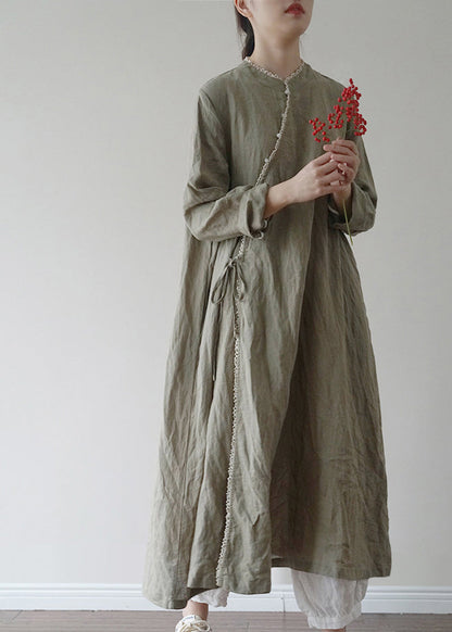 Chinese Style Green Tie Waist Linen Long Dresses Long Sleeve