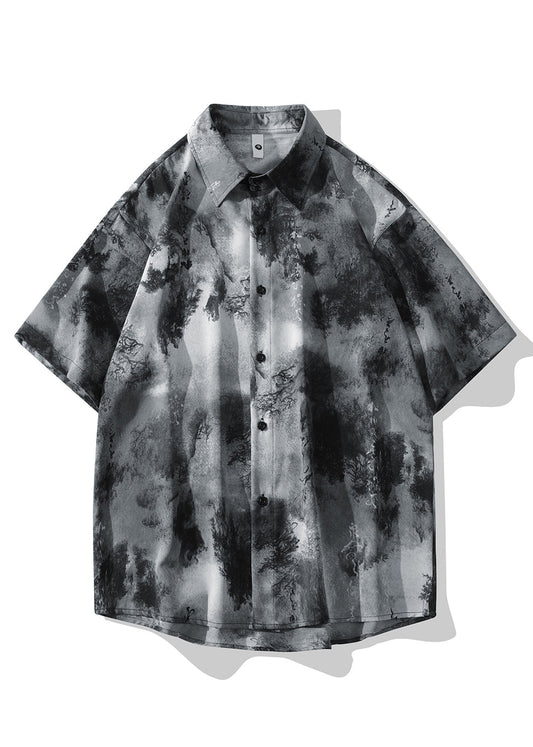 Chinese Style Grey Ice Silk Printed Short Sleeved Shirt for