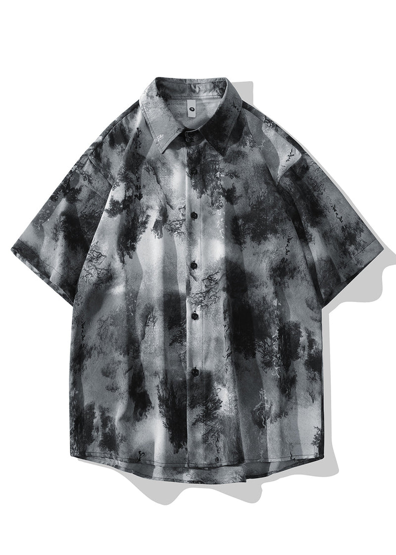 Chinese Style Grey Ice Silk Printed Short Sleeved Shirt for