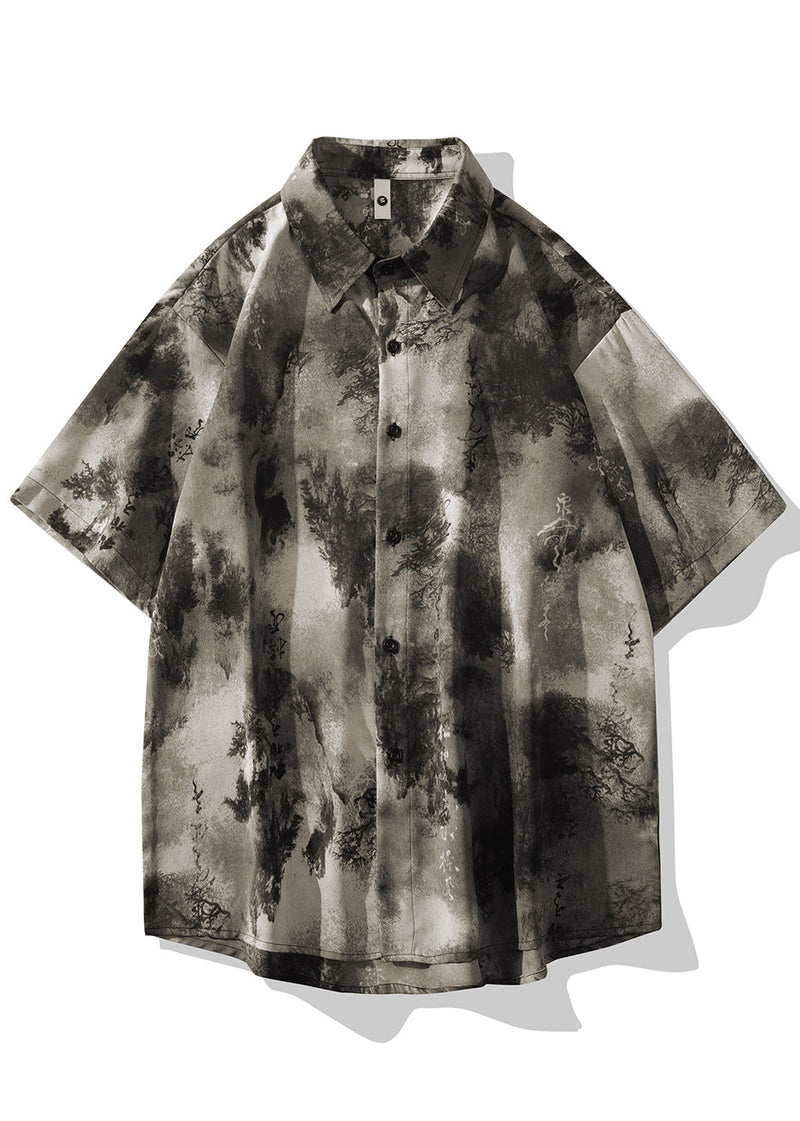 Chinese Style Grey Ice Silk Printed Short Sleeved Shirt for