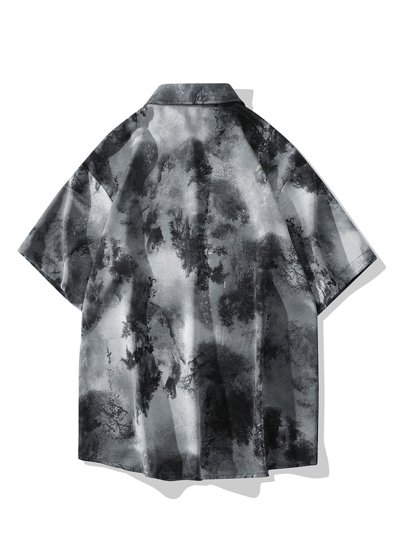 Chinese Style Grey Ice Silk Printed Short Sleeved Shirt for