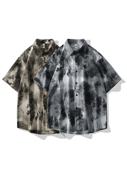 Chinese Style Grey Ice Silk Printed Short Sleeved Shirt for