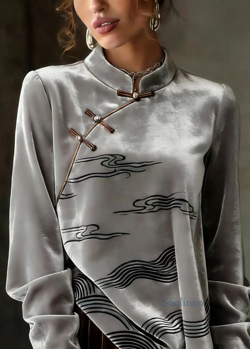 Chinese Style Grey Oriental Button Velour Shirts Spring