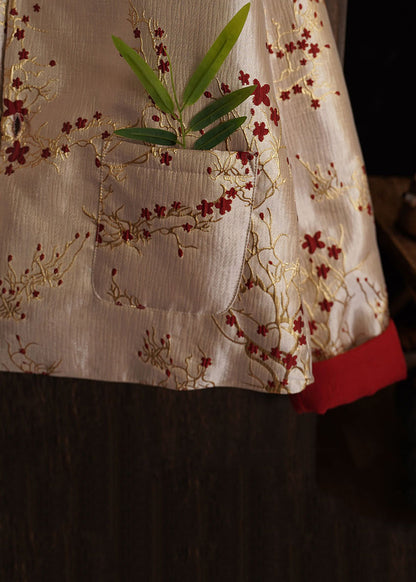 Chinese Style Jacquard Button Pockets Cotton Filled Coats Spring
