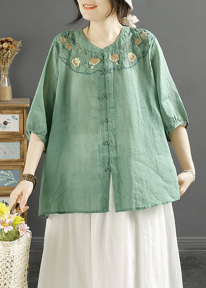Chinese Style Khaki Embroidered Linen Shirt Tops Lantern Sleeve