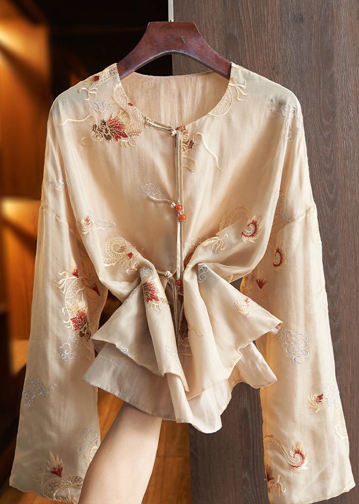 Chinese Style Khaki O-neck Embroidered Silk Shirts Spring
