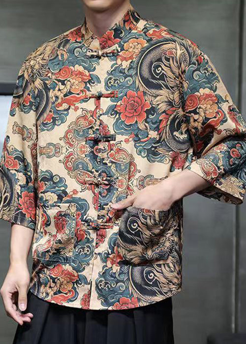 Chinese Style Khaki Print Print Ice Silk Shirt Bracelet Sleeve