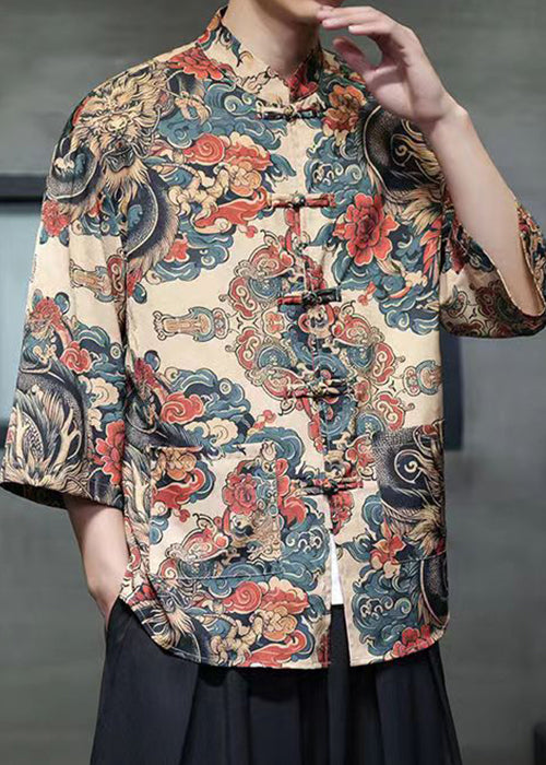 Chinese Style Khaki Print Print Ice Silk Shirt Bracelet Sleeve