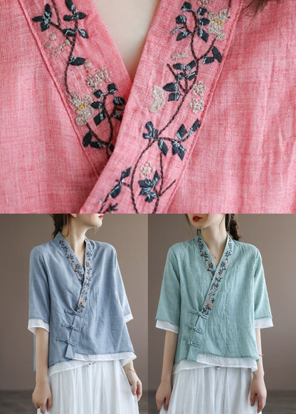 Chinese Style Lake Red Polka Dotsv Neck Double-deck Cotton Top Half Sleeve