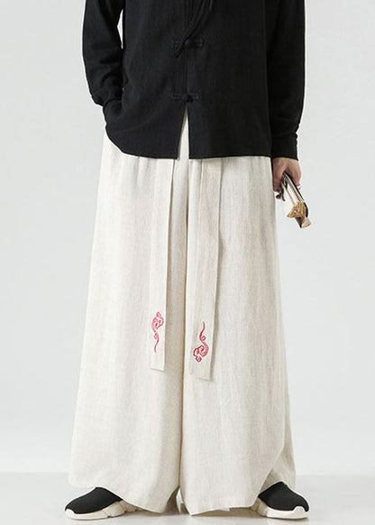 Chinese Style Linen Embroideried High Waist Cotton Wide Leg Pants Fall