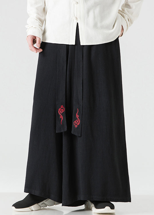 Chinese Style Linen Embroideried High Waist Cotton Wide Leg Pants Fall