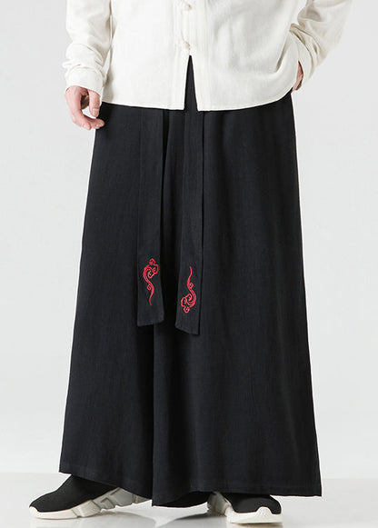 Chinese Style Linen Embroideried High Waist Cotton Wide Leg Pants Fall