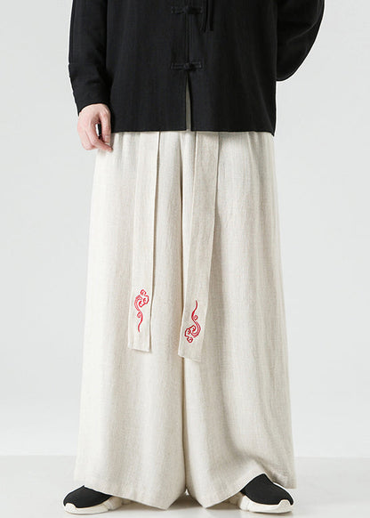 Chinese Style Linen Embroideried High Waist Cotton Wide Leg Pants Fall