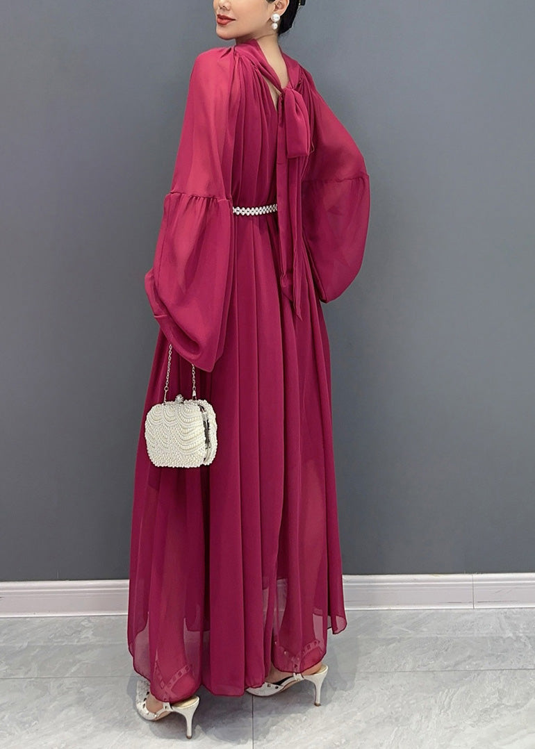 Chinese Style Mulberry Wrinkled Chiffon Long Dress Fall