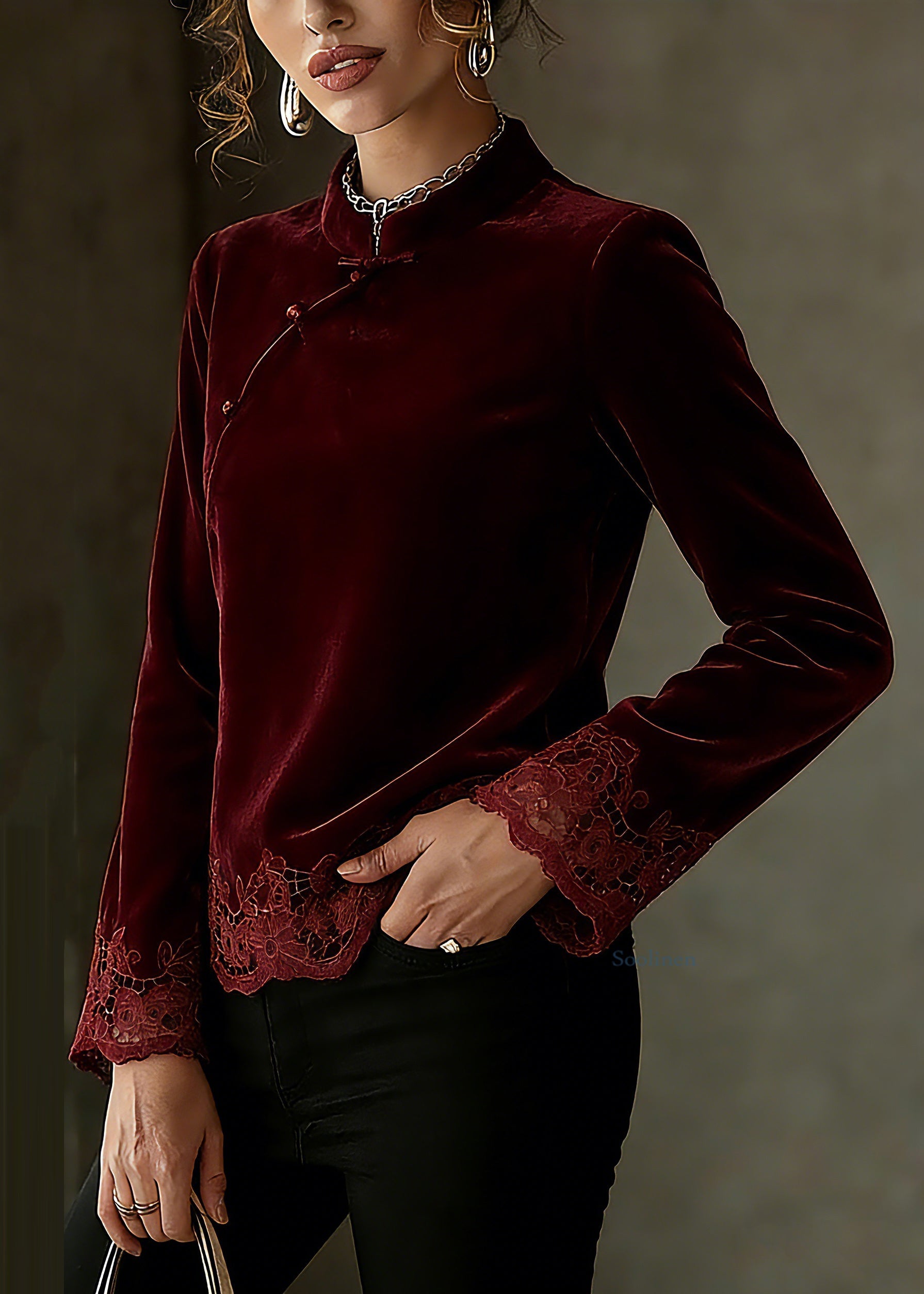 Chinese Style Mulberry Stand Collar Patchwork Top Spring