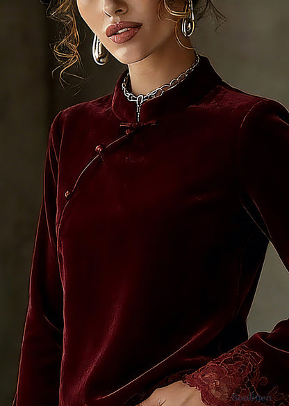 Chinese Style Mulberry Stand Collar Patchwork Top Spring