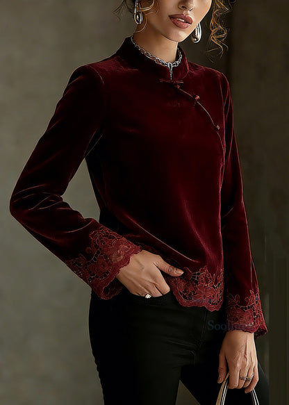 Chinese Style Mulberry Stand Collar Patchwork Top Spring