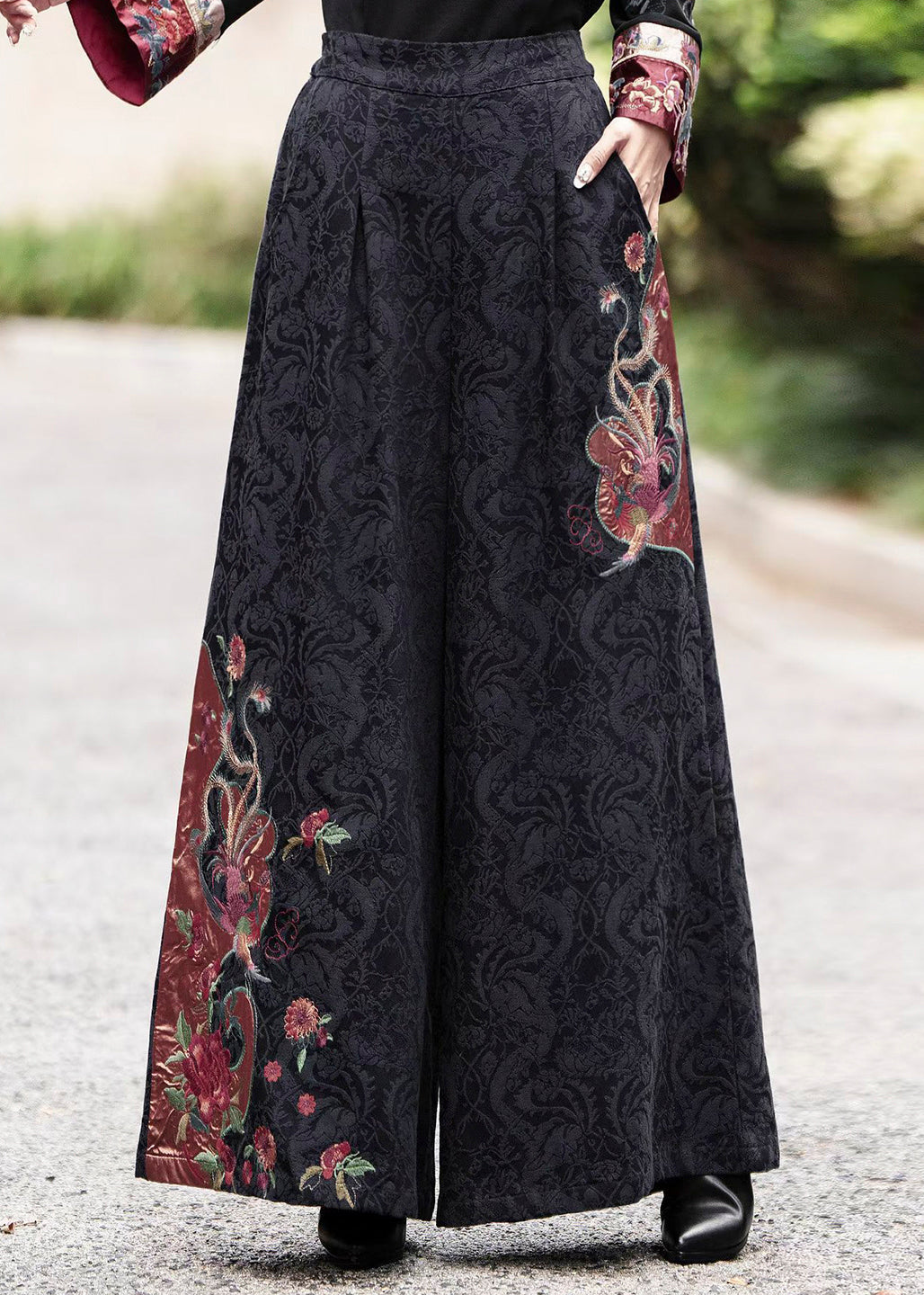 Chinese Style Navy Embroidered Pockets Cotton Pants Fall