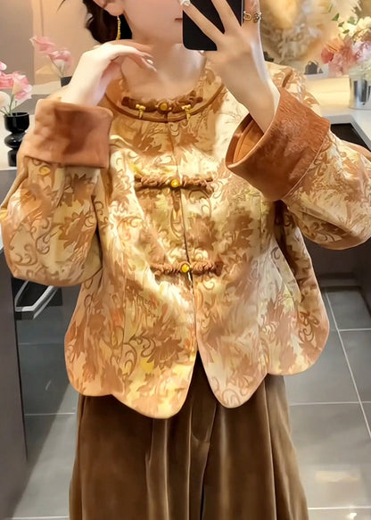 Chinese Style O-neck Print Button Silk Cotton Coat Spring
