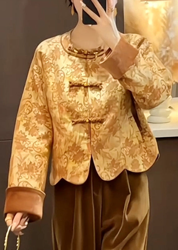 Chinese Style O-neck Print Button Silk Cotton Coat Spring