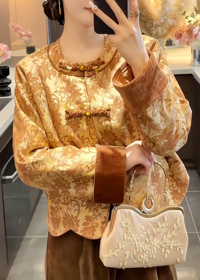 Chinese Style O-neck Print Button Silk Cotton Coat Spring