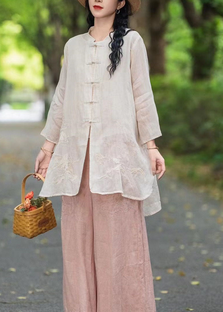 Chinese Style Orange Embroidered Linen Shirt Tops Summer