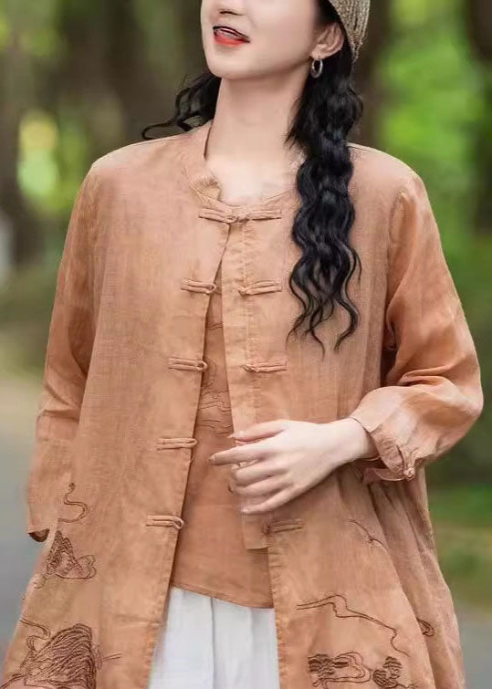 Chinese Style Orange Embroidered Linen Shirt Tops Summer