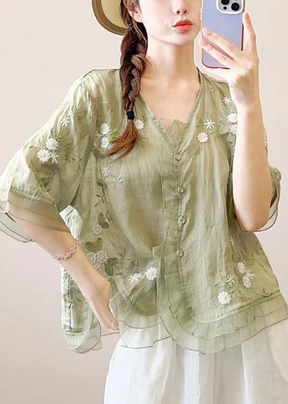 Chinese Style Orange Embroidered Ruffled Linen Blouses Half Sleeve