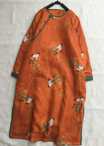 Chinese Style Orange O-neck Print Fine Cotton Filled Dress Winter