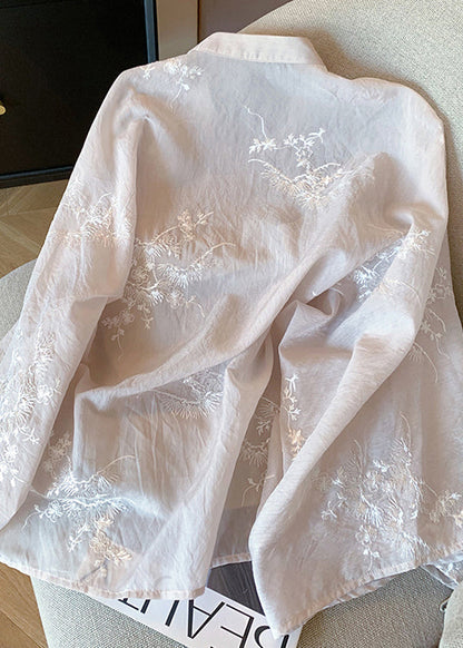 Chinese Style Pink Embroidered Sequins Nail Bead Cotton Shirt Spring