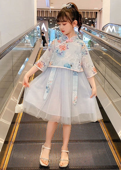 Chinese Style Pink Embroideried Patchwork Chiffon Kids Dress Summer
