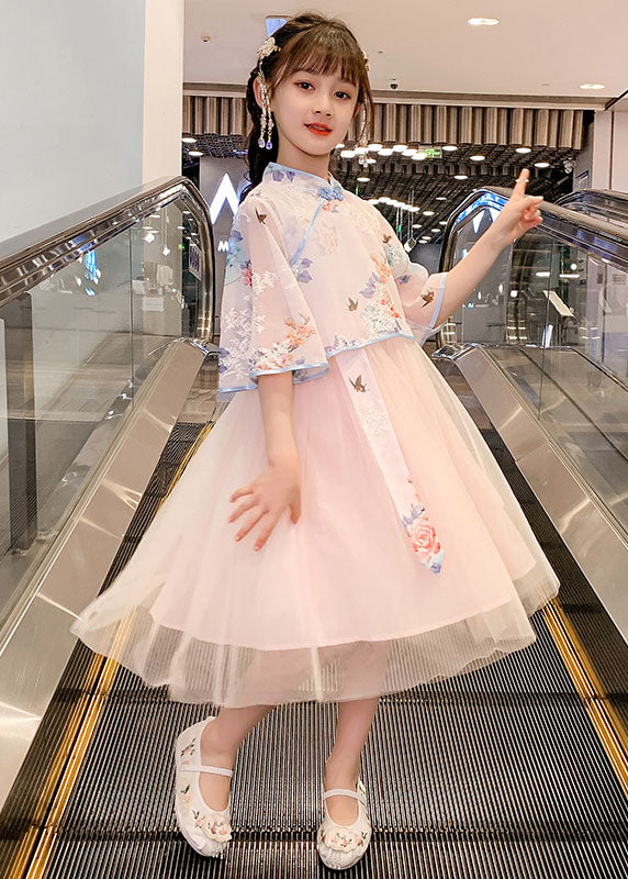Chinese Style Pink Embroideried Patchwork Chiffon Kids Dress Summer