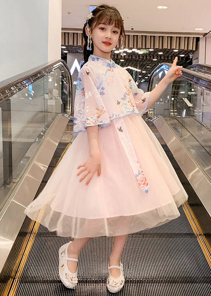 Chinese Style Pink Embroideried Patchwork Chiffon Kids Dress Summer