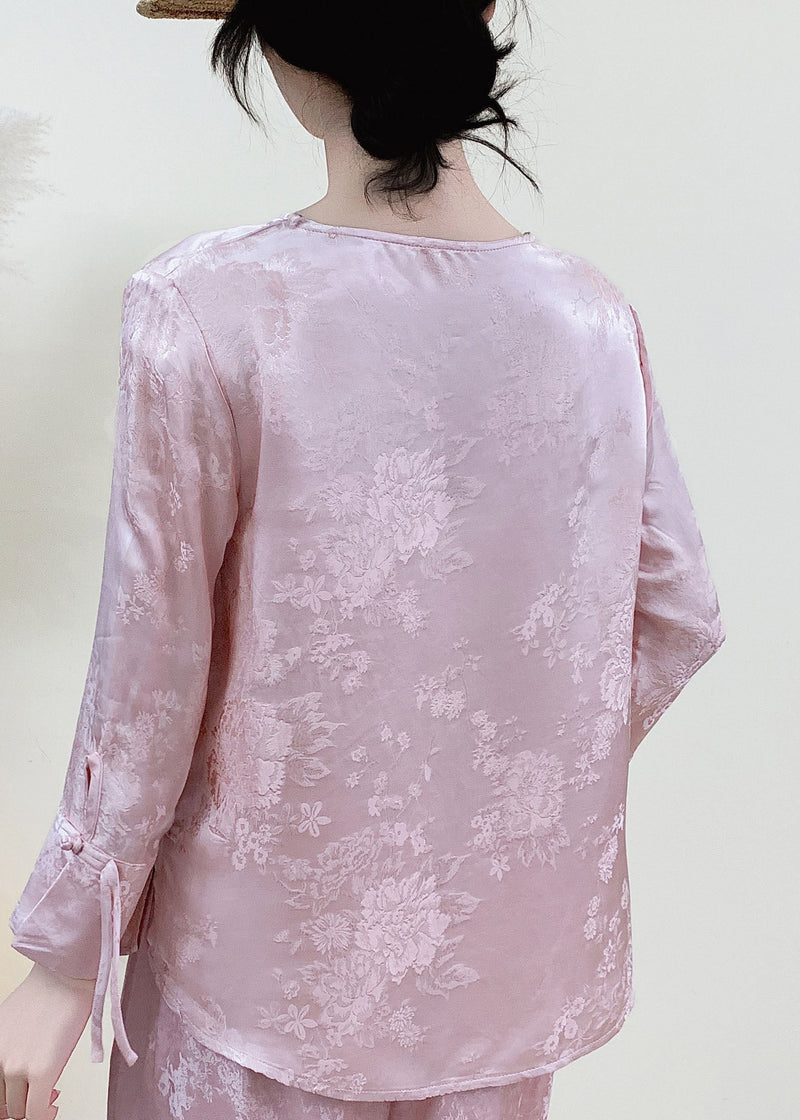 Chinese Style Pink Jacquard Silk Oriental Shirts Spring