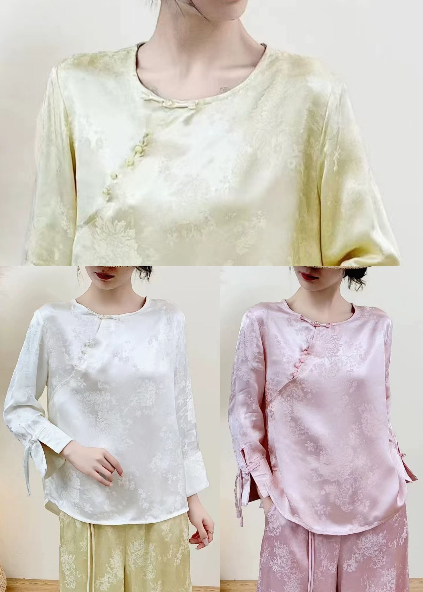 Chinese Style Pink Jacquard Silk Oriental Shirts Spring