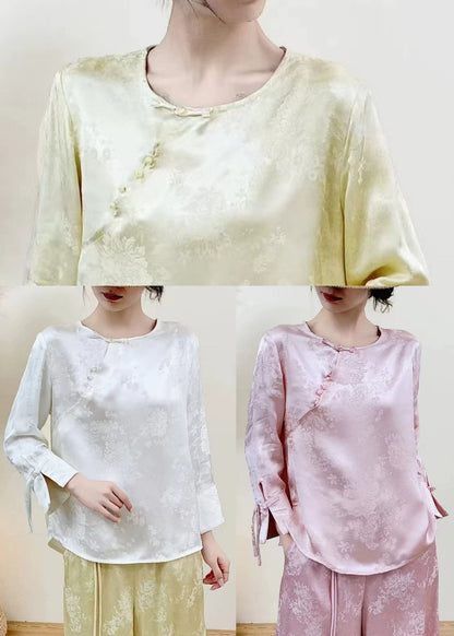 Chinese Style Pink Jacquard Silk Oriental Shirts Spring
