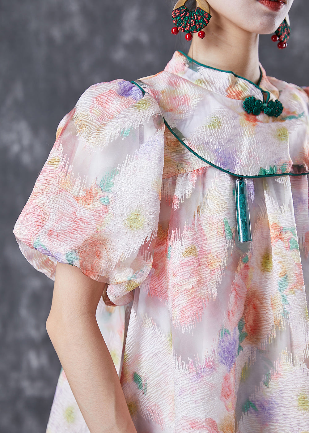 Chinese Style Pink Mandarin Collar Print Silk a Line Dress Puff Sleeve